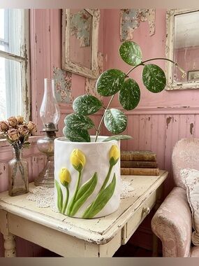 Yellow Tulip Ceramic Planter - 5" Round White Flower Pot, Spring Home Decor